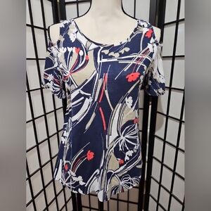 CHICO'S Size 0  (Small/4)  Blue, Red, White, & Beigh Cold Shoulder Short Sleeve